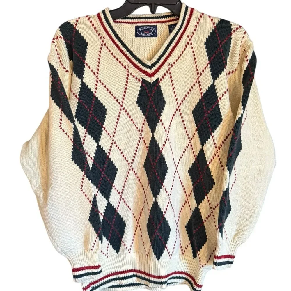 Vintage Regatta Sport Cotton Cream/Black/Red Argyle Unisex V-Neck Sweater